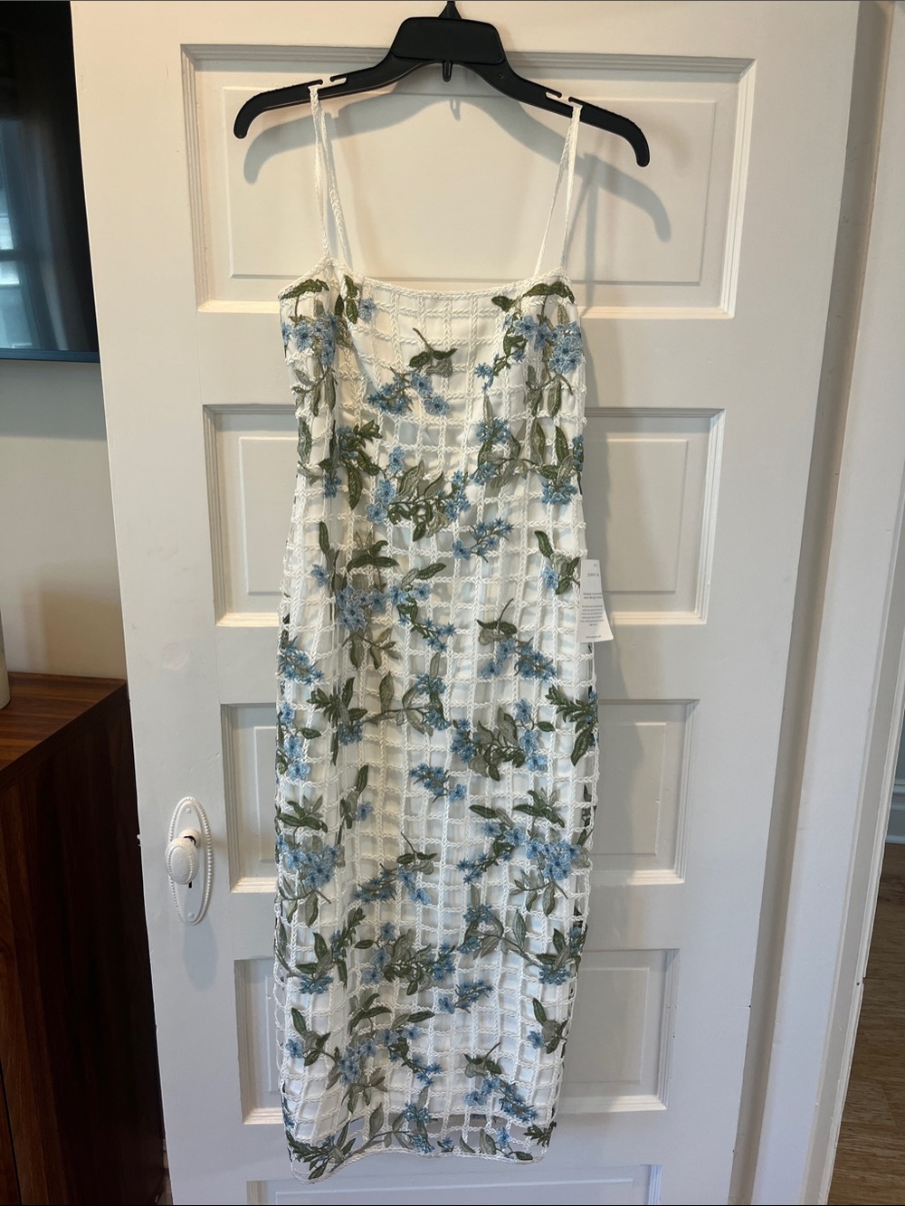 Jenny Yoo, never worn. White Midi Slip Dress with Blue Floral Embroidery